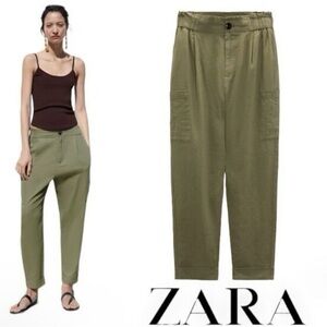 Zara baggy linen blend pants in khaki size 10
